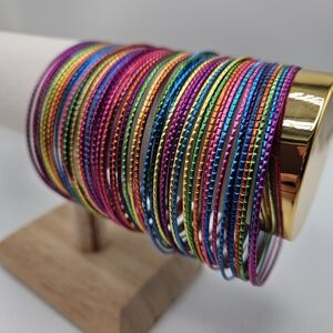 NEW VINTAGE 80s Rainbow Multicolor Metal Mixed Bangle Lot of 65 Etched